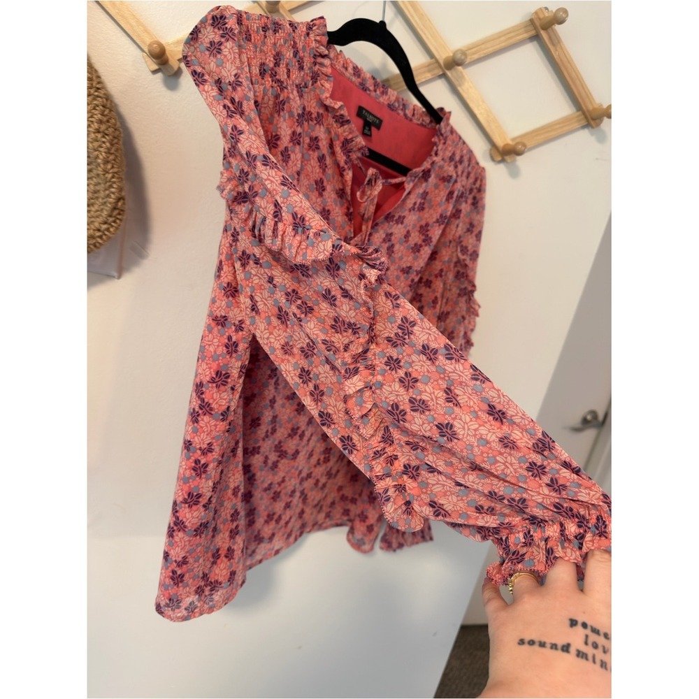 Talbots Floral Ruffle Sleeve Blouse LP Pink Tie Neck Top - Picture 4 of 7